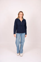 Load image into Gallery viewer, Zip Front Hoodie with Stripe Hood - Navy/Lemon