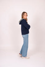 Load image into Gallery viewer, Zip Front Hoodie with Stripe Hood - Navy/Lemon