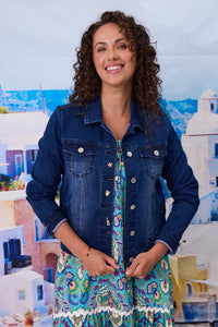 Stretch Denim Jacket With Brooch Detail