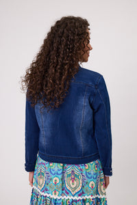 Stretch Denim Jacket With Brooch Detail