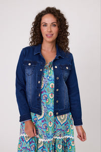 Stretch Denim Jacket With Brooch Detail