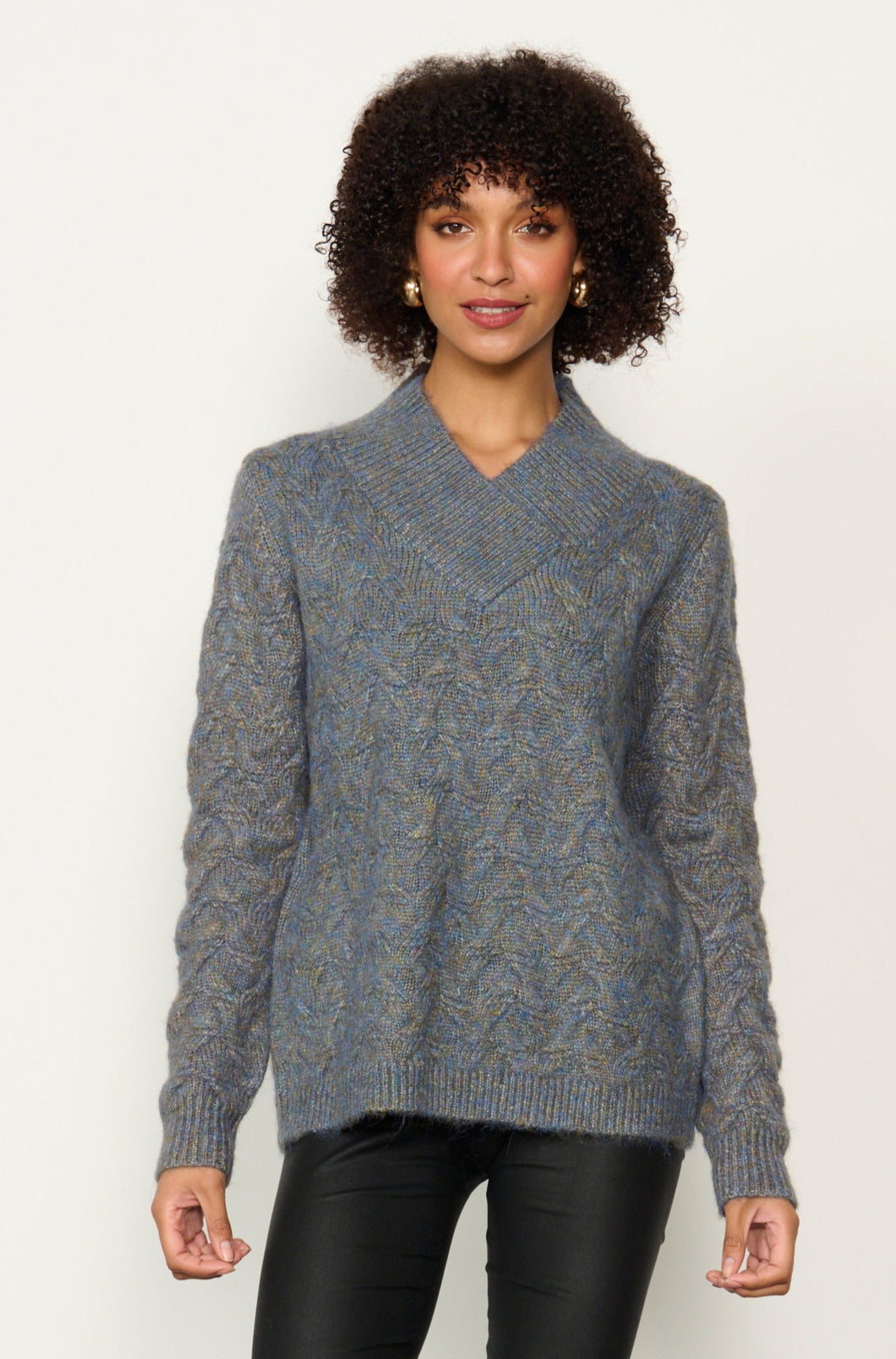 Textured Knit With Crossover Neck Jumper - Blue