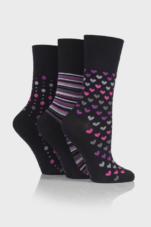 Gentle Grip 3pk Bamboo Womens Socks -  Black Pattern