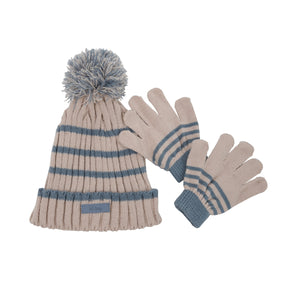 Stripe Beanie Glove Set - Beige/Blue