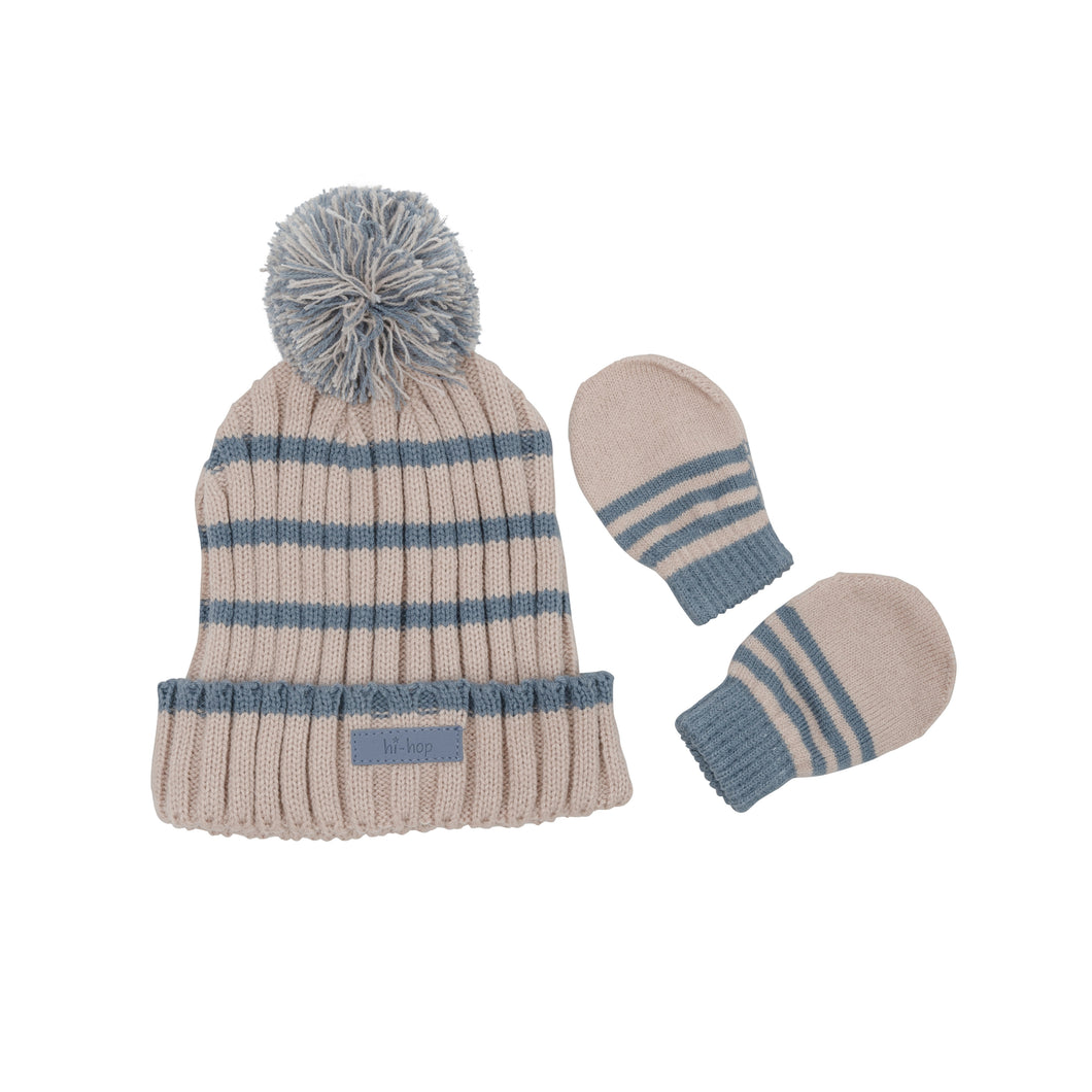 Stripe Beanie Glove Set - Beige/Blue