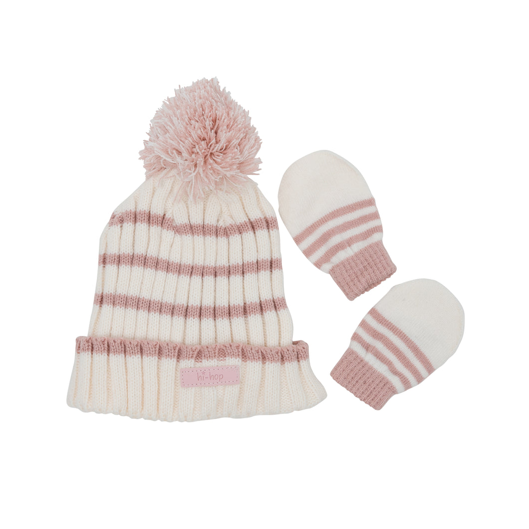 Stripe Beanie Glove Set - Oat/Pink