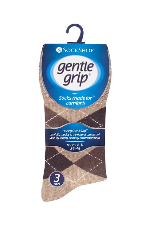 Gentle Grip 3pk - Brown Argyle Mens Sock