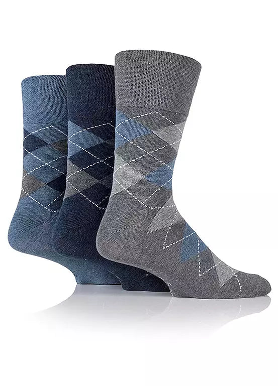 Gentle Grip 3pk Mens Socks - Denim Argyle