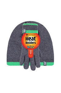 Kids Flat Knit Hat & Gloves - Charcoal/Green